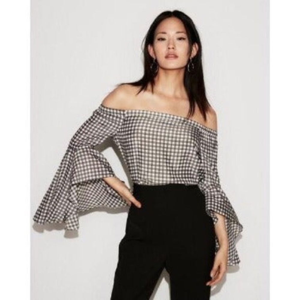 Express gingham off the shoulder blouse